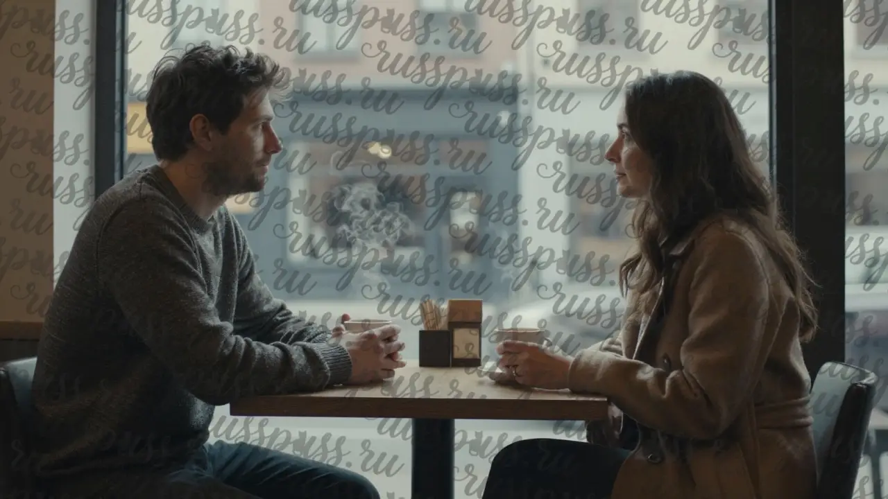 Мужчина и женщина молча пьют чай в утреннем кафе, между ними — тишина, а не слова.