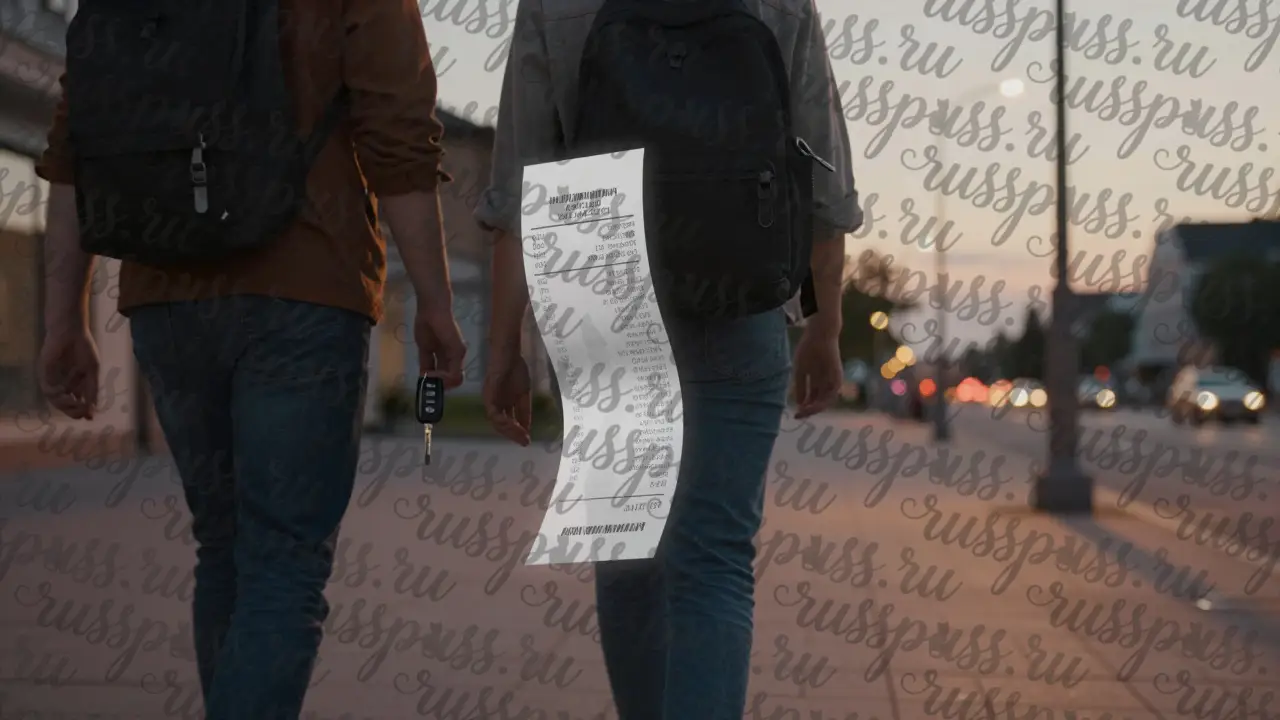 Пара гуляет по чужому городу на закате, между ними прозрачная нота разделённого счёта, акцент на равном вкладе.