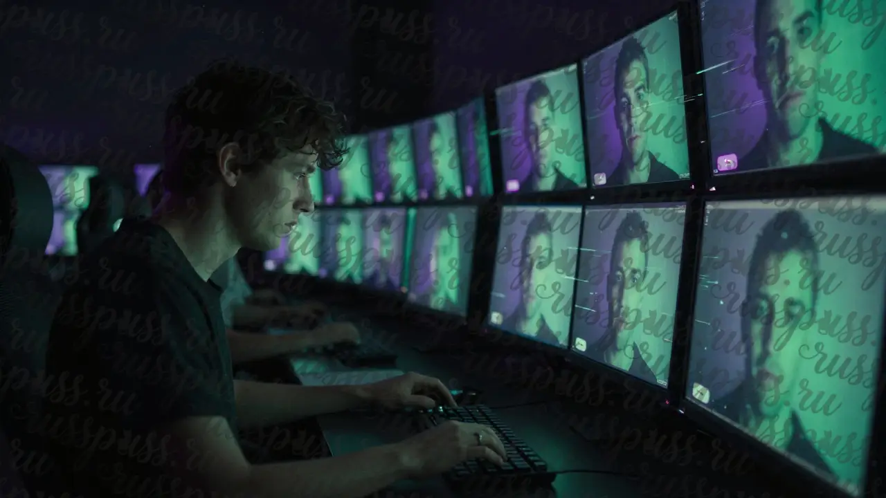 Темная комната с множеством экранов, показывающих одни и те же лица, человек смотрит в пол.
