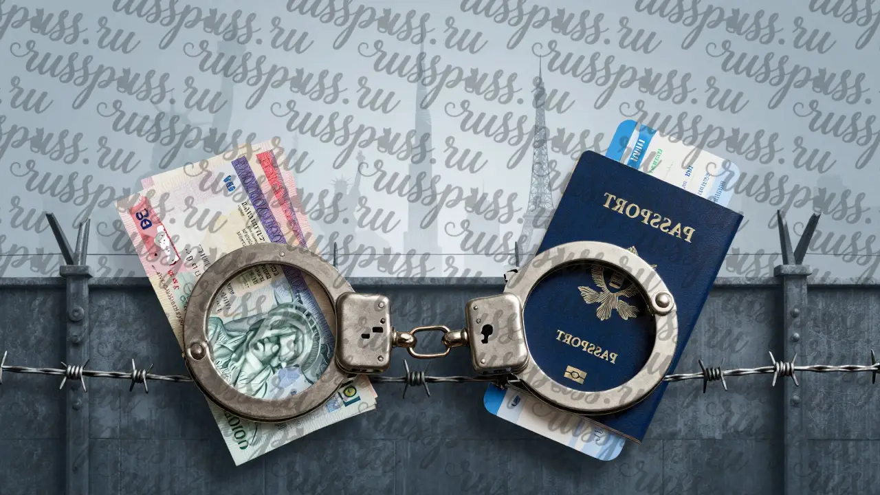 Сцепленные наручники из туристических документов, обвитые колючей проволокой, на фоне расплывчатых достопримечательностей.