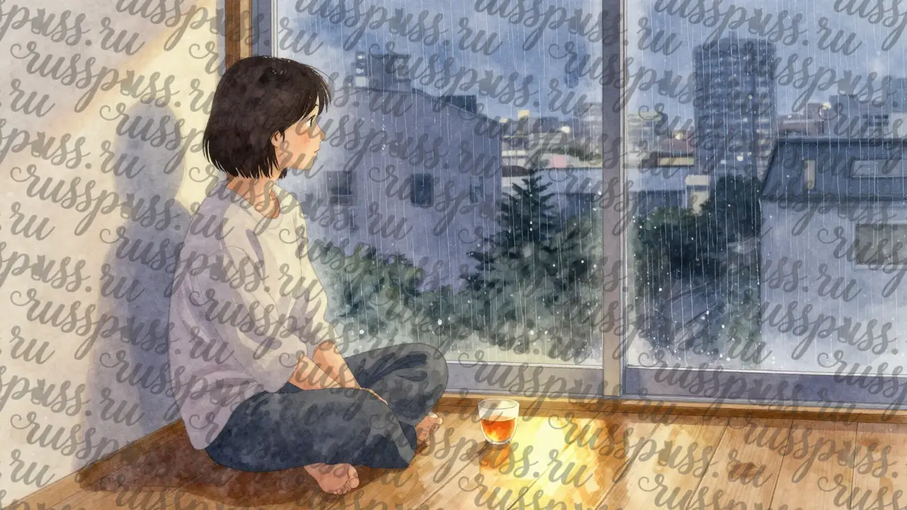 Японская девушка сидит у окна в сумерках, глядя на дождь за стеклом.