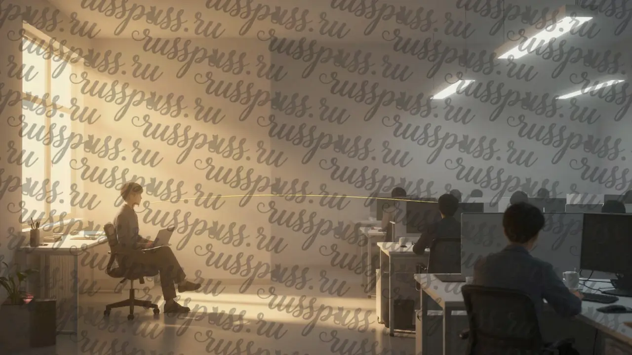 Два мира: офис в сером и утренняя работа в золотом свете, связь между ними — тонкая нить.