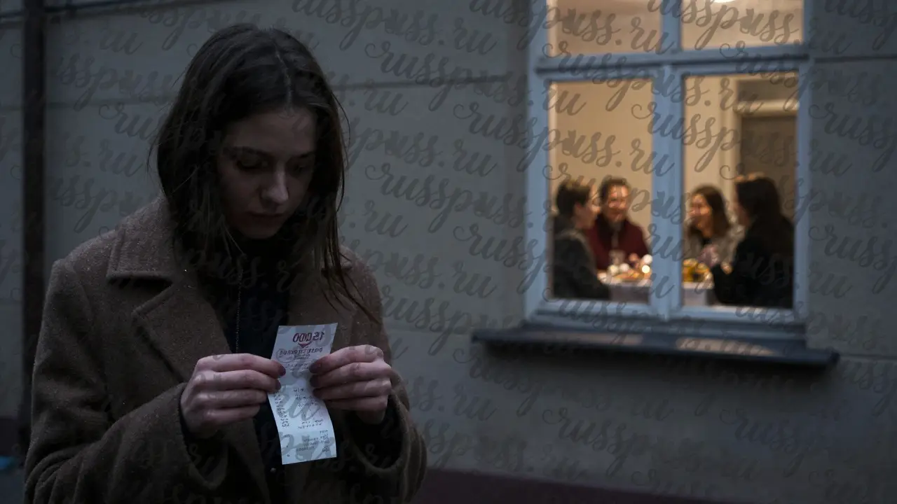 Женщина в пальто стоит в тени, держит квитанцию, за окном — праздничный ужин семьи, которую она притворяется частью.