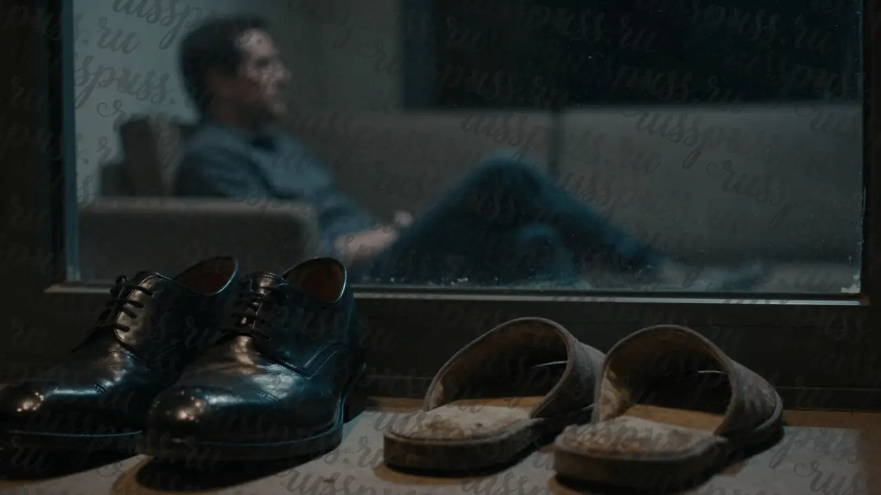 Потертые домашние тапочки рядом с официальной обувью, за ними — силуэт мужчины на диване у окна.