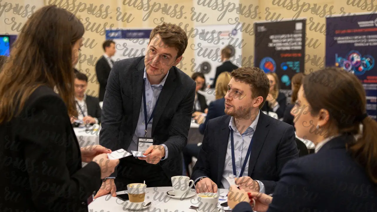 Бизнесмен слушает спикера на конференции, обмениваются визитками в атмосфере искреннего диалога.