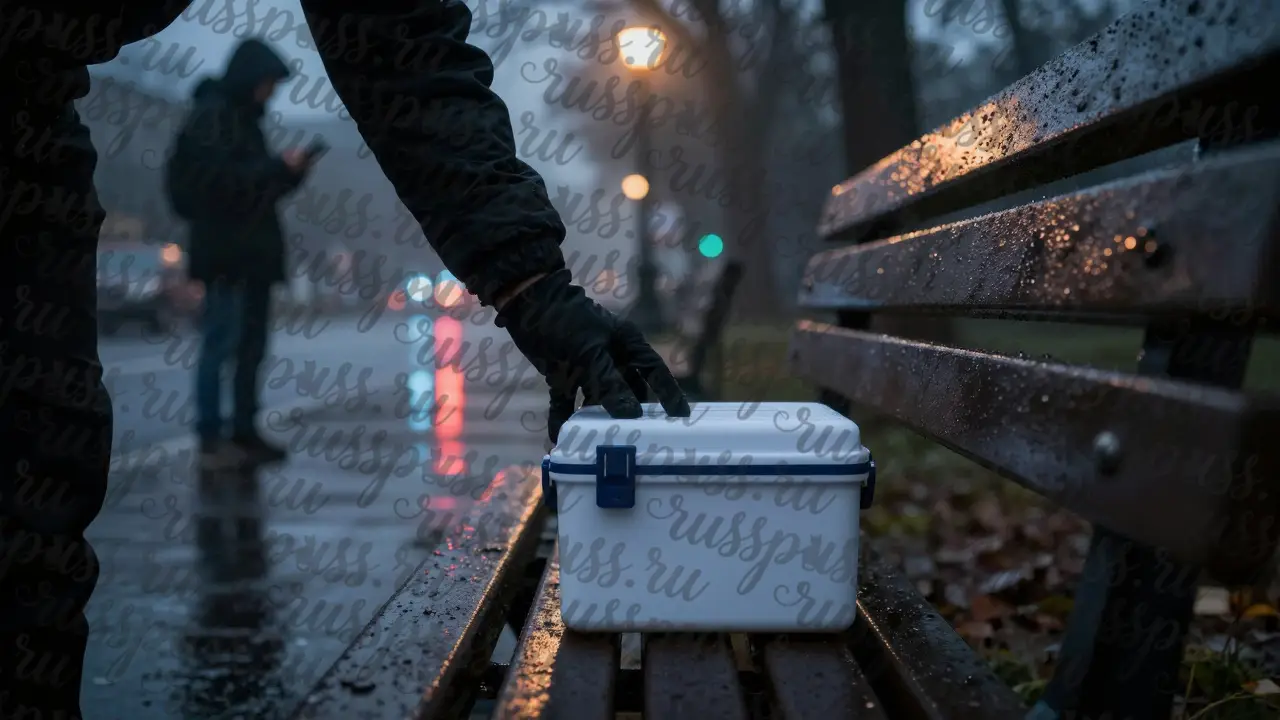 Рука прячет крипто-устройство в скамейке парка, вдалеке кто-то сканирует QR-код под фонарём.