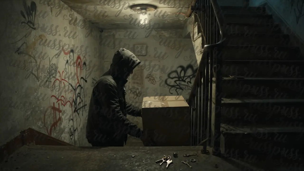 Руки кладут коробку в потайной нише под лестницей в старом доме, лицо не видно, только силуэт.