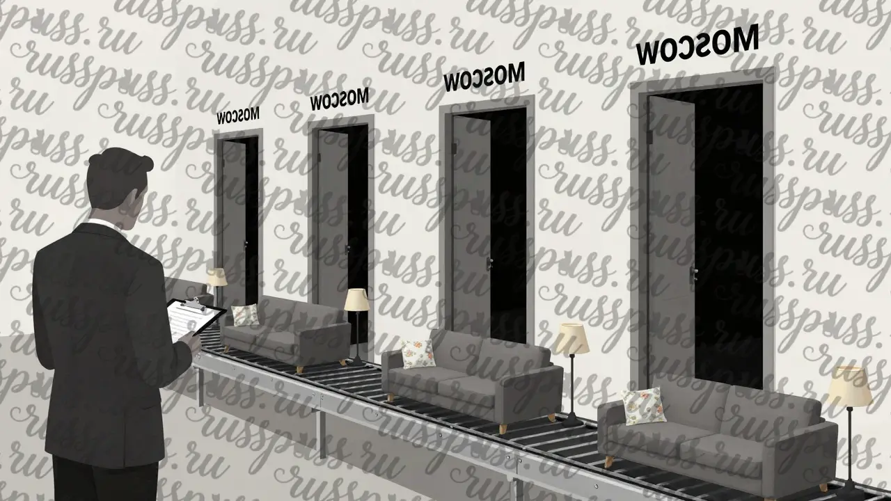 Конвейер с одинаковой мебелью, движущийся между пустыми квартирами с разными адресами.