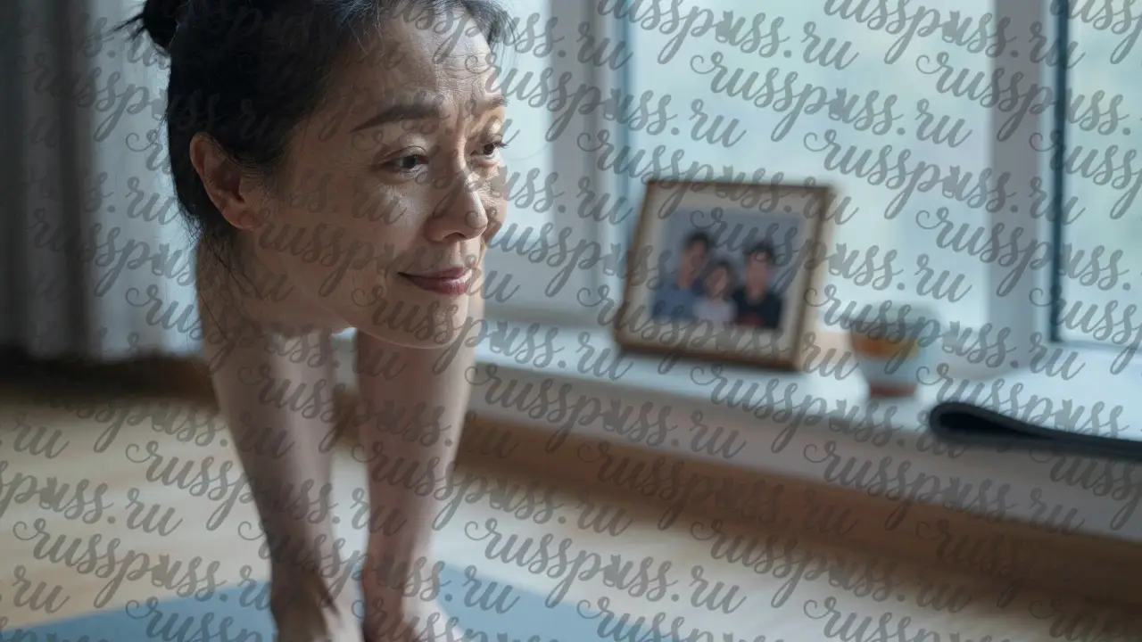 Портрет зрелой женщины у окна, утренний свет подчёркивает естественные черты лица, она улыбается с внутренним спокойствием.