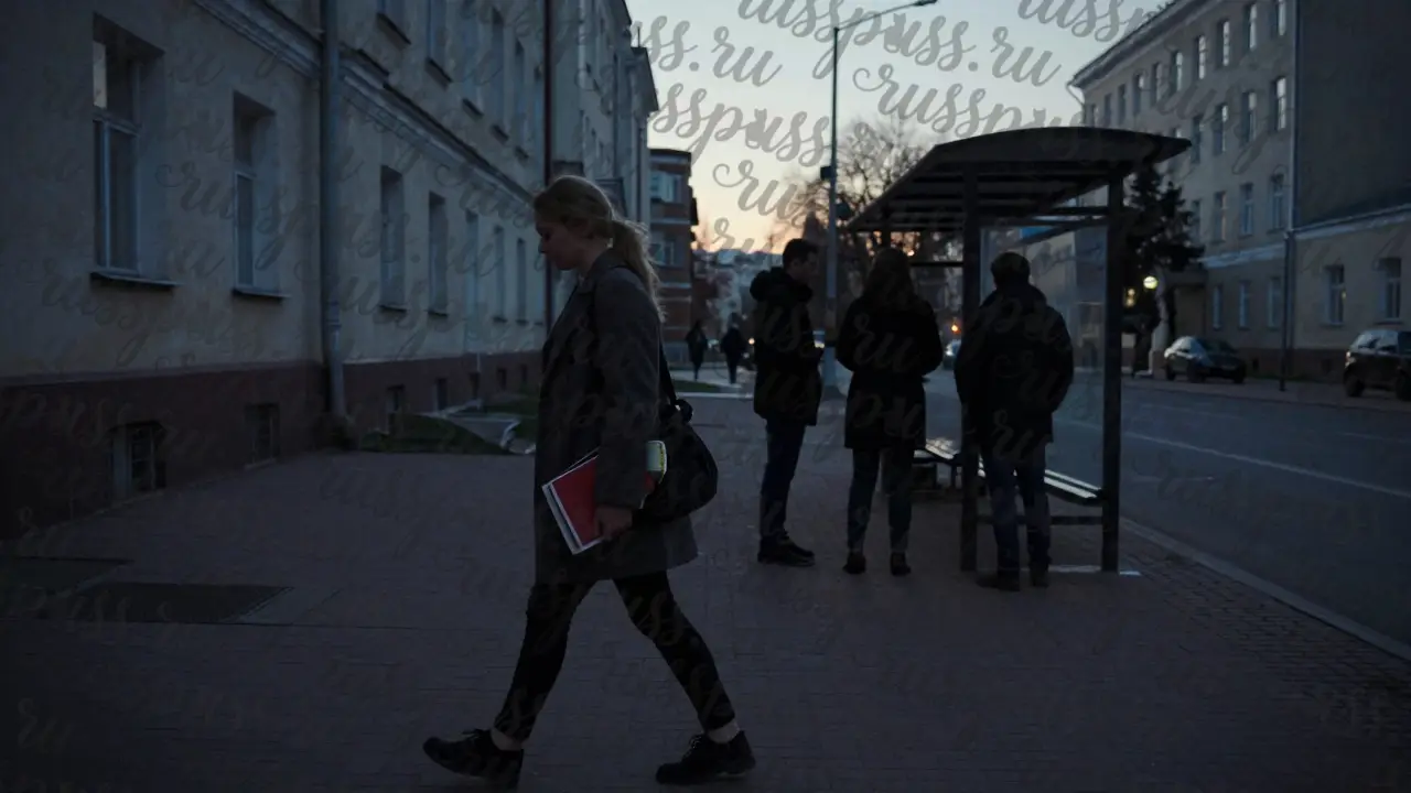 Женщина идет по улице возле кампуса, за ней — тени клиентов в сумерках.