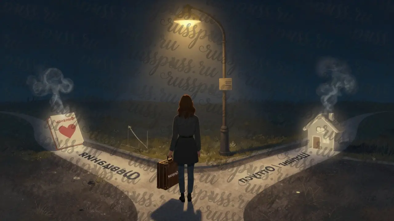 Женщина стоит на перекрестке: один путь исчезает в дыму, другой ведет к дому, облигациям и книге о финансах.