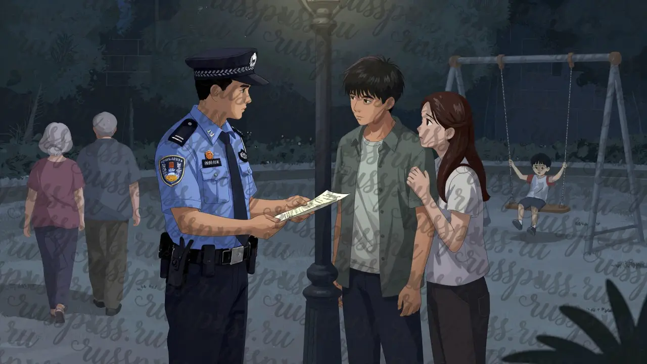 Полицейский вручает протокол молодой паре в парке при лампе.