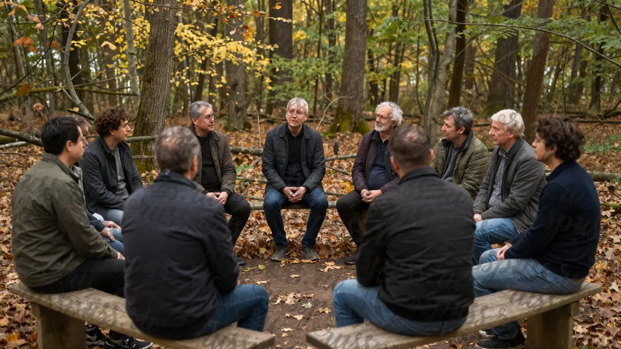 Группа мужчин в лесу обсуждает важные вопросы жизни, ни одного устройства, только искренность.