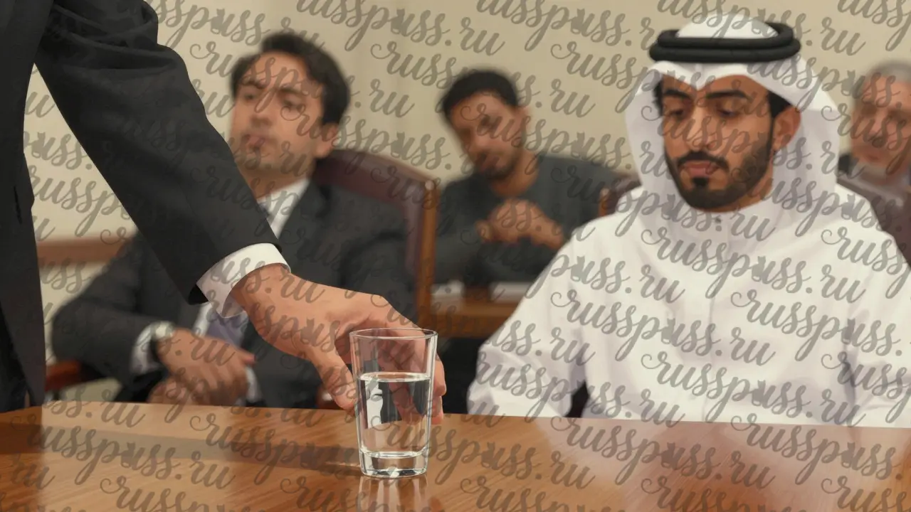 Рука сопровождающего подает стакан воды во время паузы в переговорах.