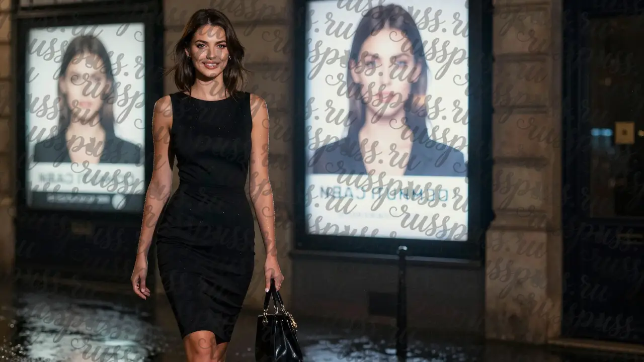 Модель в тёмном пальто идёт по ночному Парижу, её отражение в луже показывает уставшее лицо.