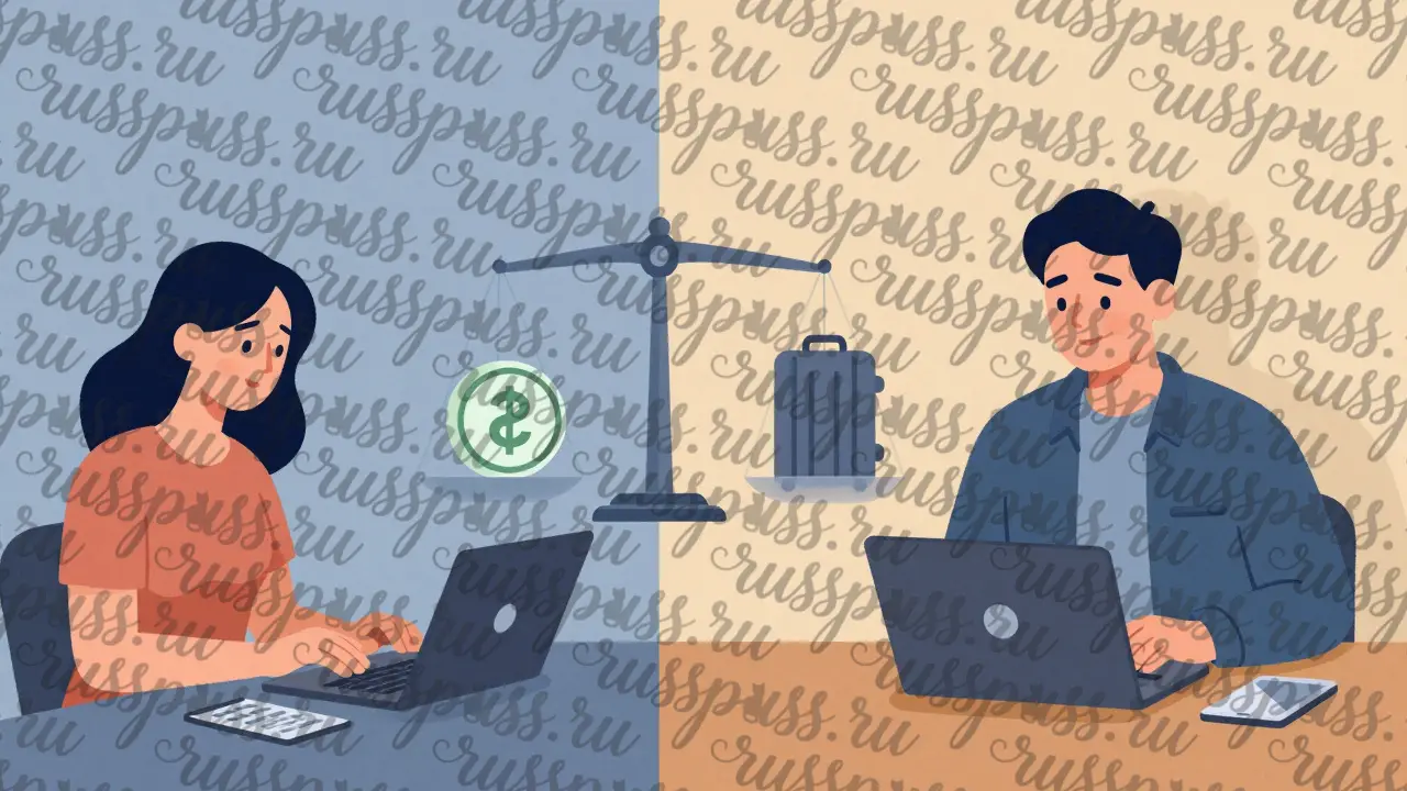 Разделённая сцена: мужчина бронирует отель, женщина считает стоимость билетов, между ними весы с символами денег и чемоданов.