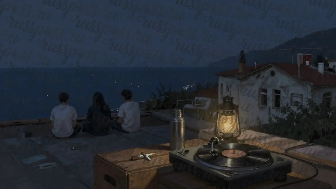 Крыша в Сочи с виниловым проигрывателем и людьми под звездами.