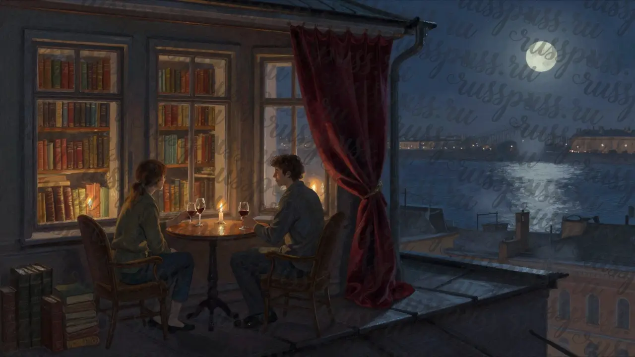 Пара у окна на крыше над книжной лавкой в Петербурге, свечи и река за стеклом.