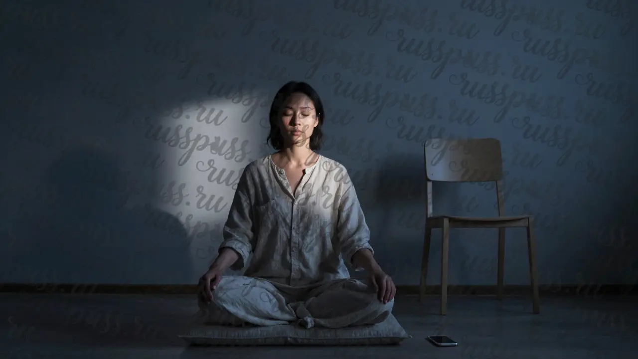 Женщина в тишине, луна освещает ее лицо, телефон лежит на полу.