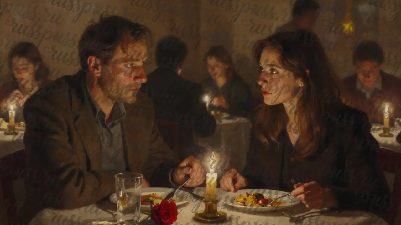 Мужчина и женщина за ужином в ресторане, тёплый свет, между ними лёгкая дистанция.