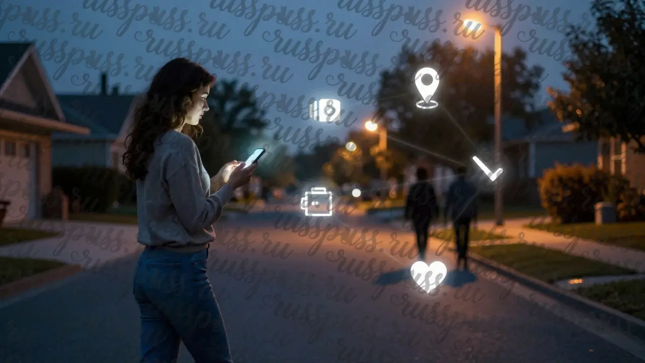 Женщина идёт по тёмной улице, её телефон отправляет сигналы безопасности в пять направлений.