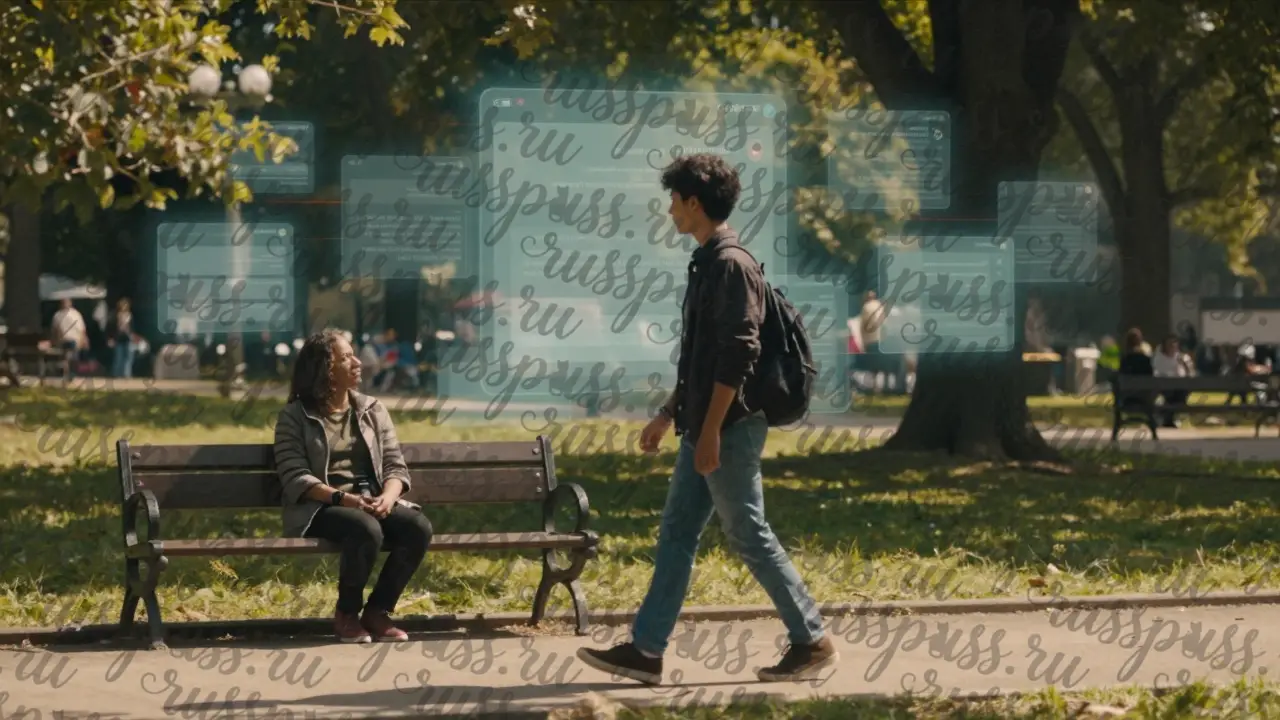 Человек встречает взгляд незнакомца в парке, пока цифровые интерфейсы приложений исчезают вокруг.