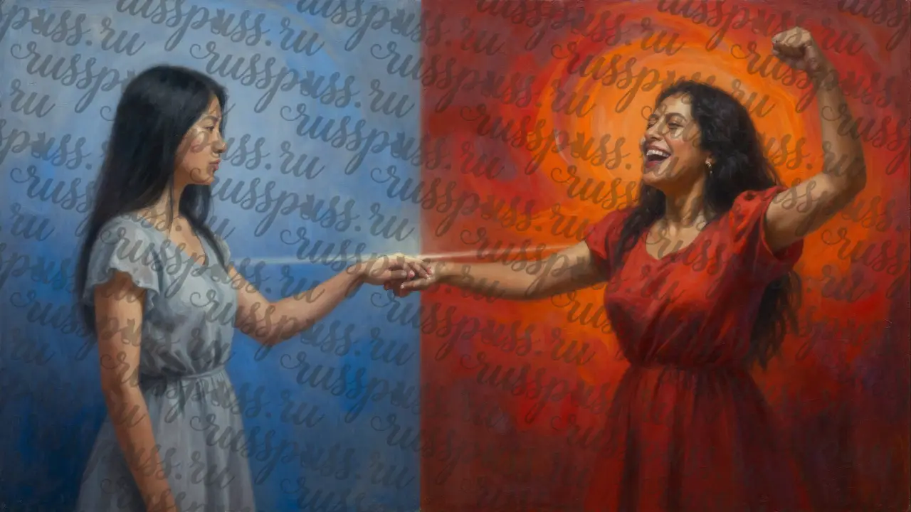 Две женщины — одна эмоциональна, другая спокойна — соединены светом, символизирующим взаимопонимание.