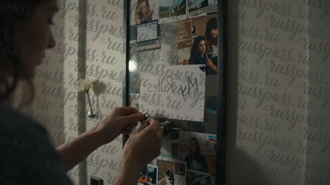 Руки вставляют ключ в дверь, на стене — надпись 'Мои правила', за спиной — отражение свободной жизни.