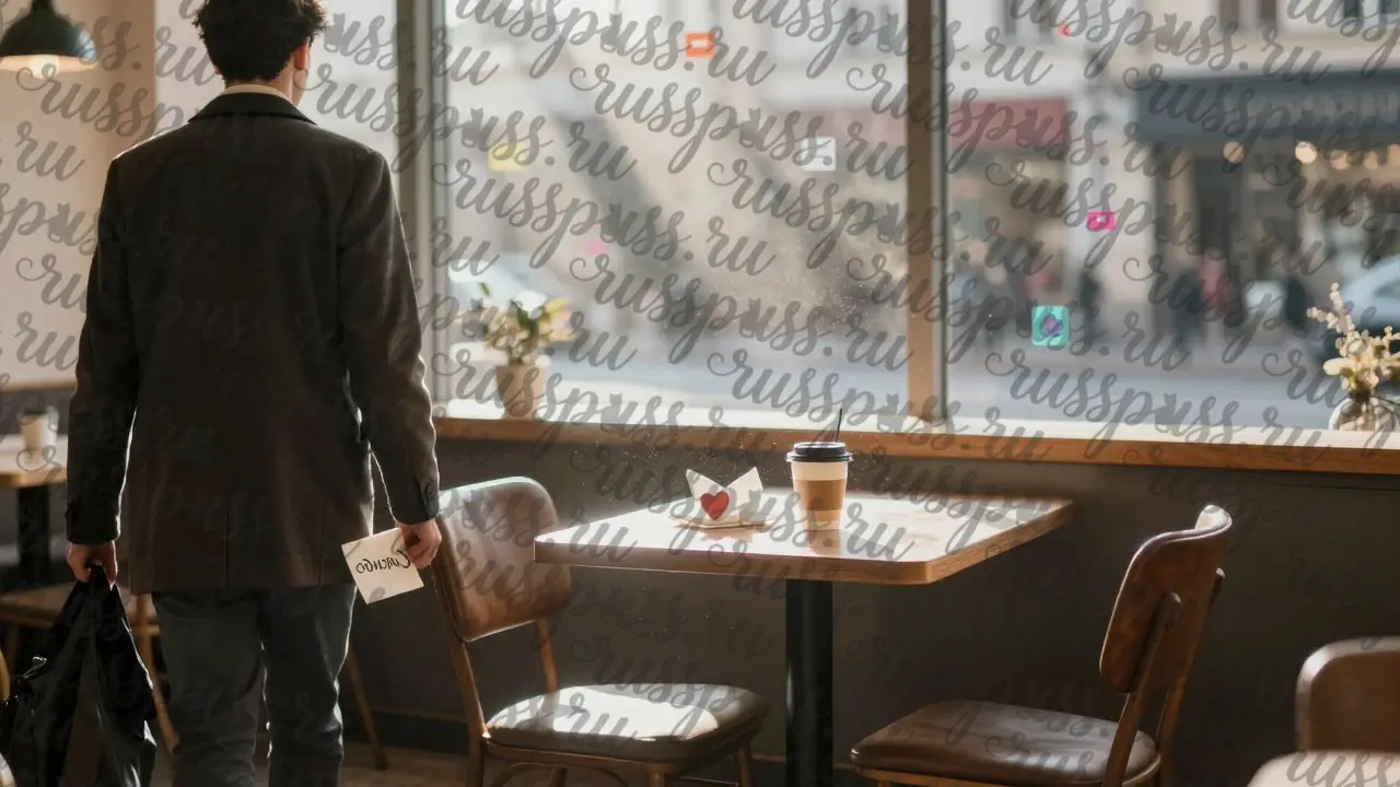 Мужчина уходит от пустого стола в кафе, на стуле осталась чашка и сложенная салфетка.